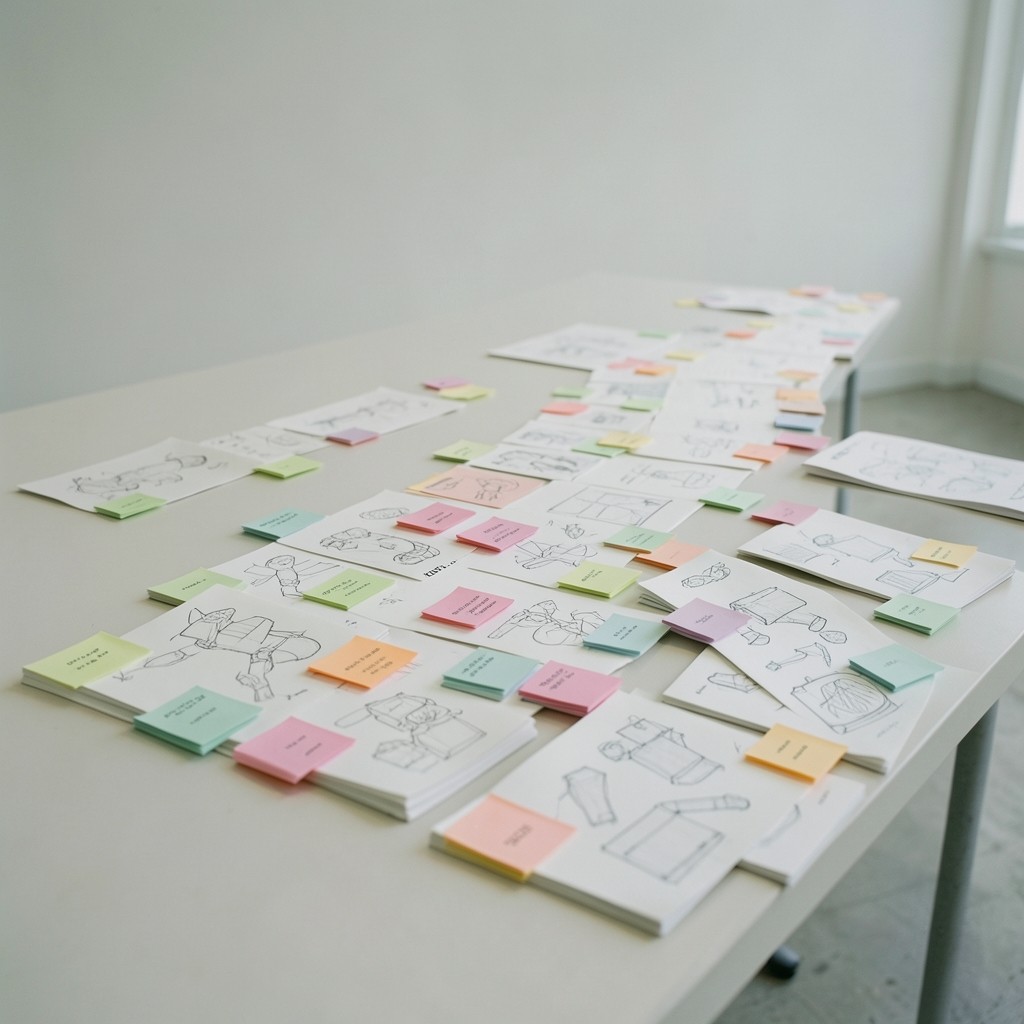 Timeline of board pack drafts spread across a long table with sticky notes marking revision stages