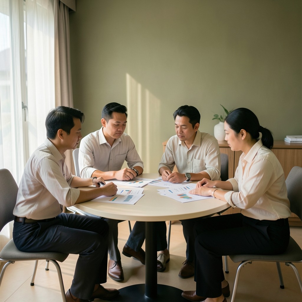 Facilitator and executives reviewing printed charts in a quiet meeting room