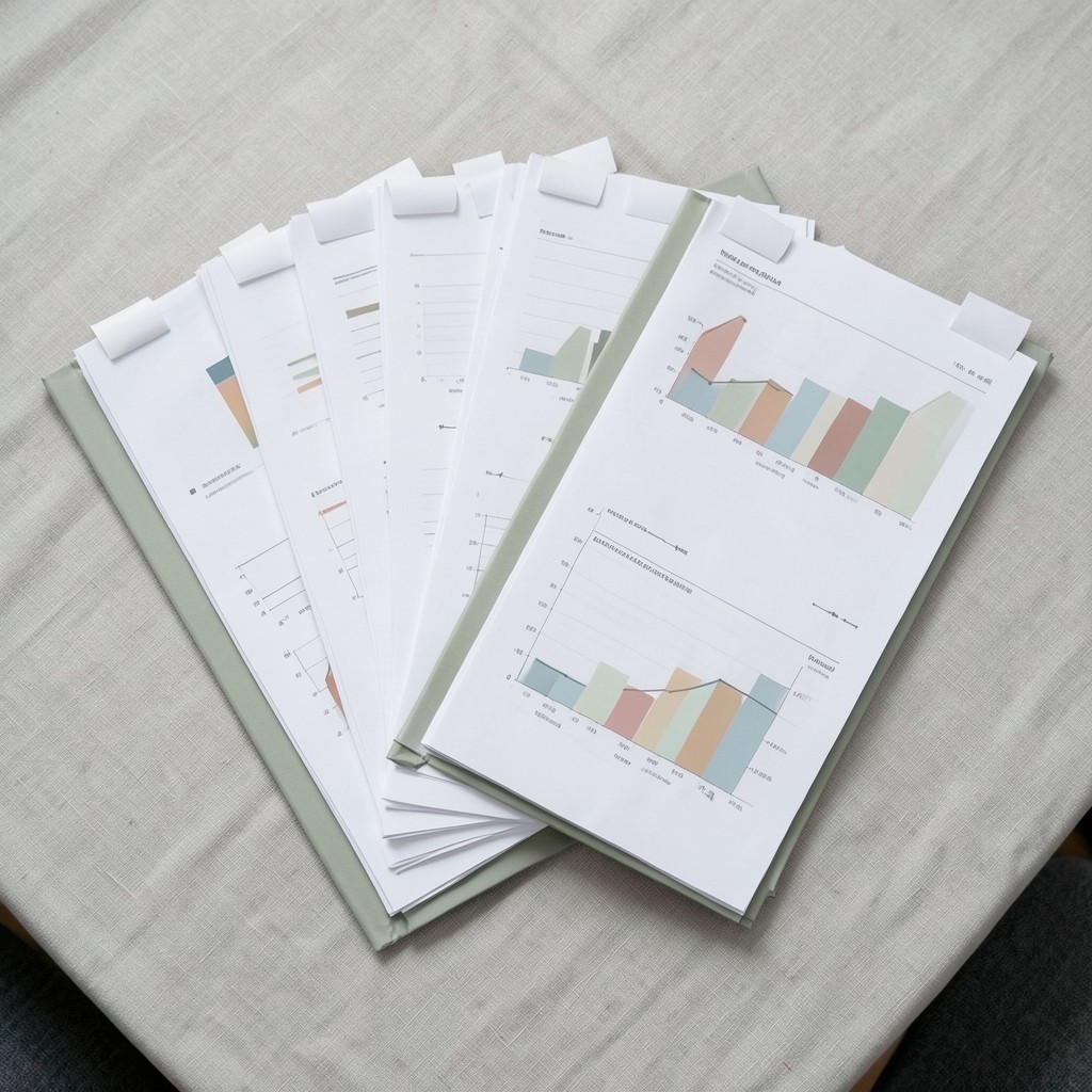 Printed board pack pages arranged on a conference table with annotated charts
