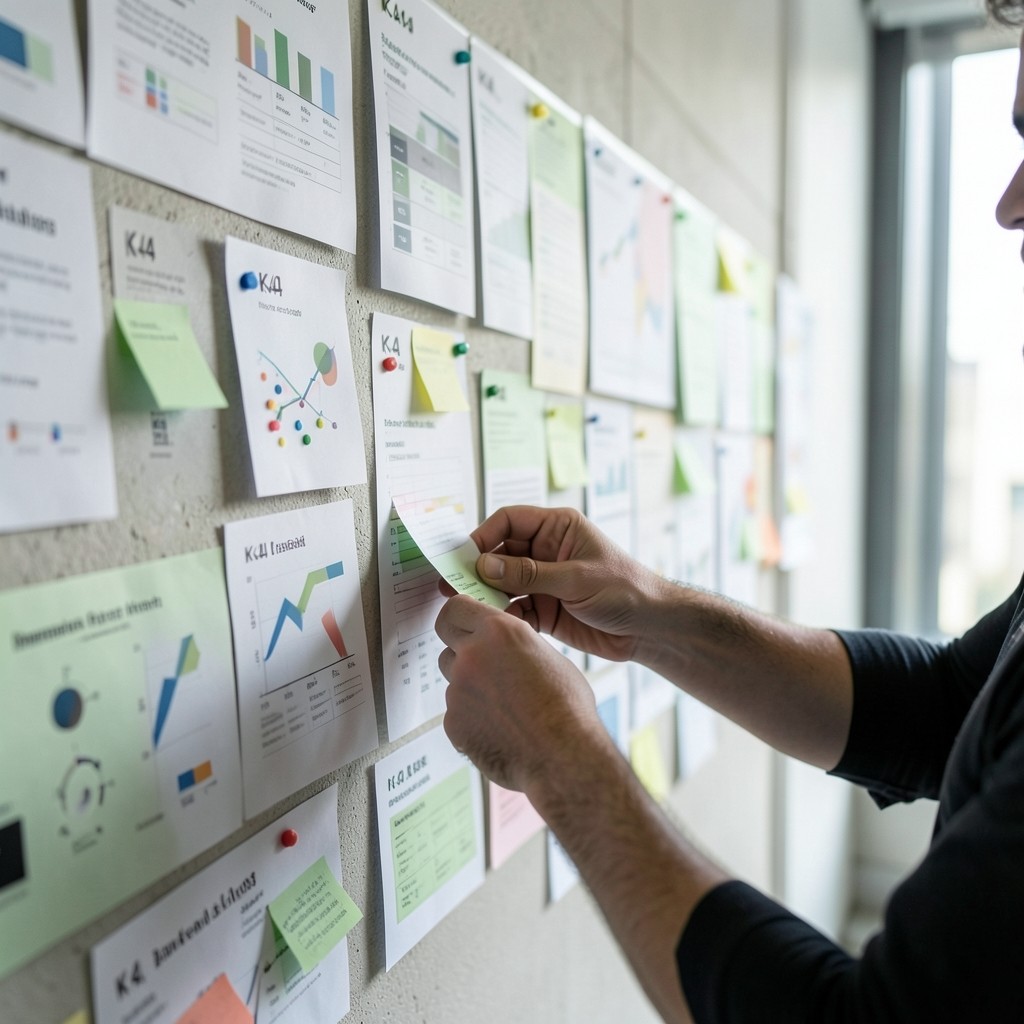 Wall of KPI printouts being sorted during a framework review