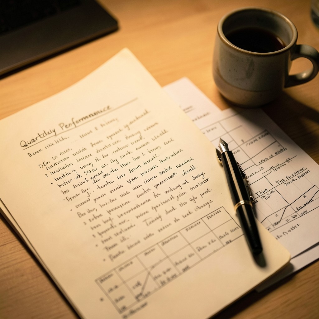 Quarterly narrative draft with charts and handwritten margin notes
